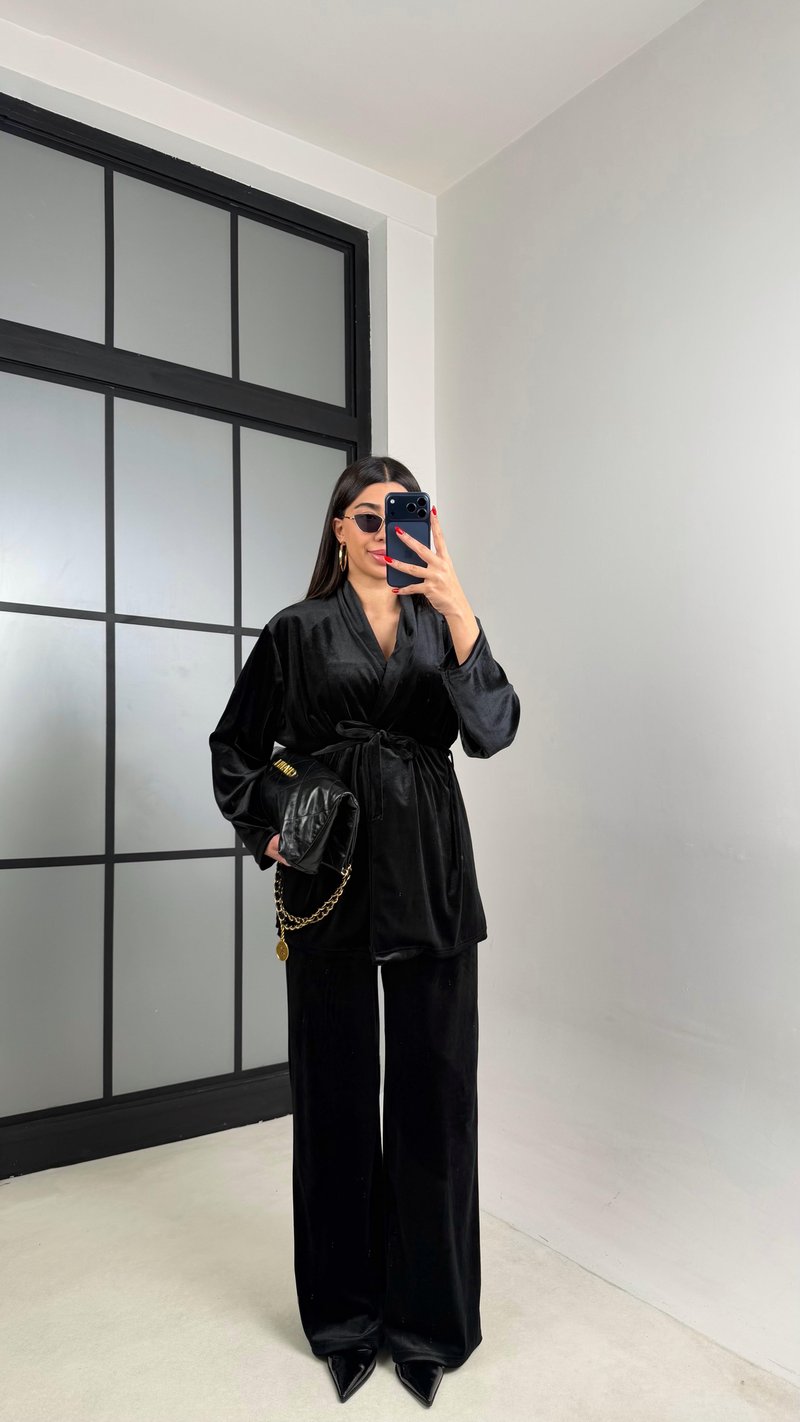 Siyah Kuşaklı Kimono Beli Lastikli Pantolon İkili Kadife Takım GAUS-01015