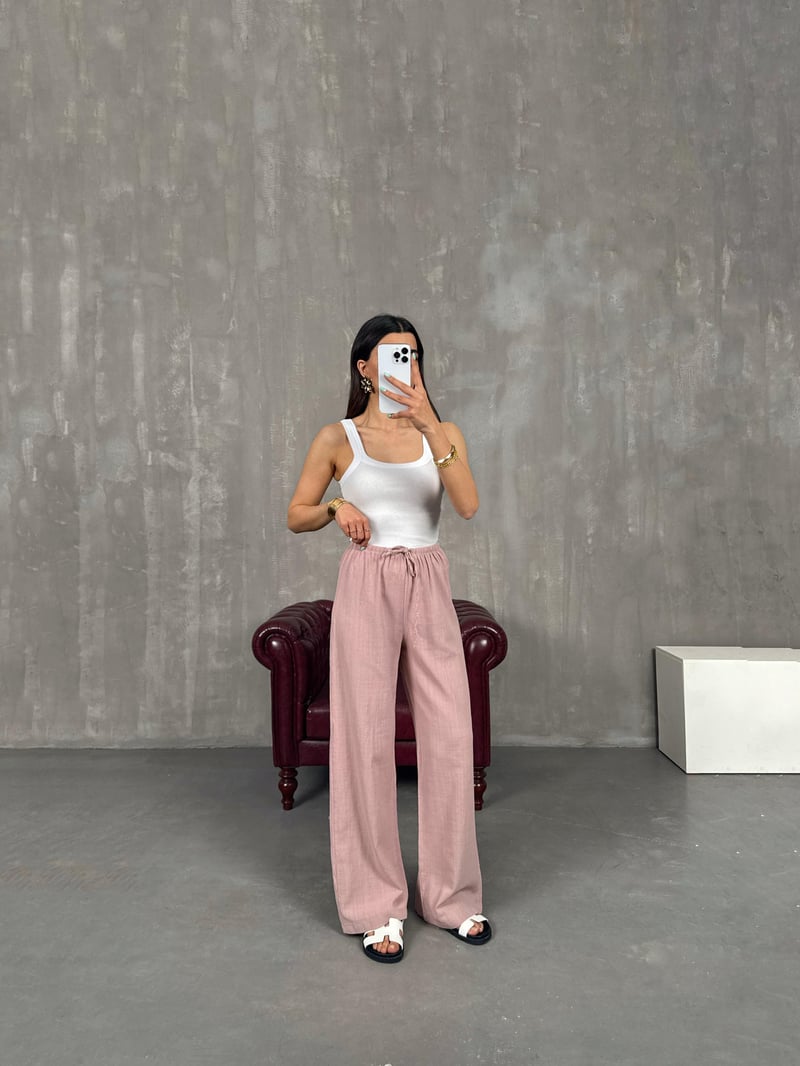 Gül Kurusu Beli Lastikli Keten Pantolon Gaus00237