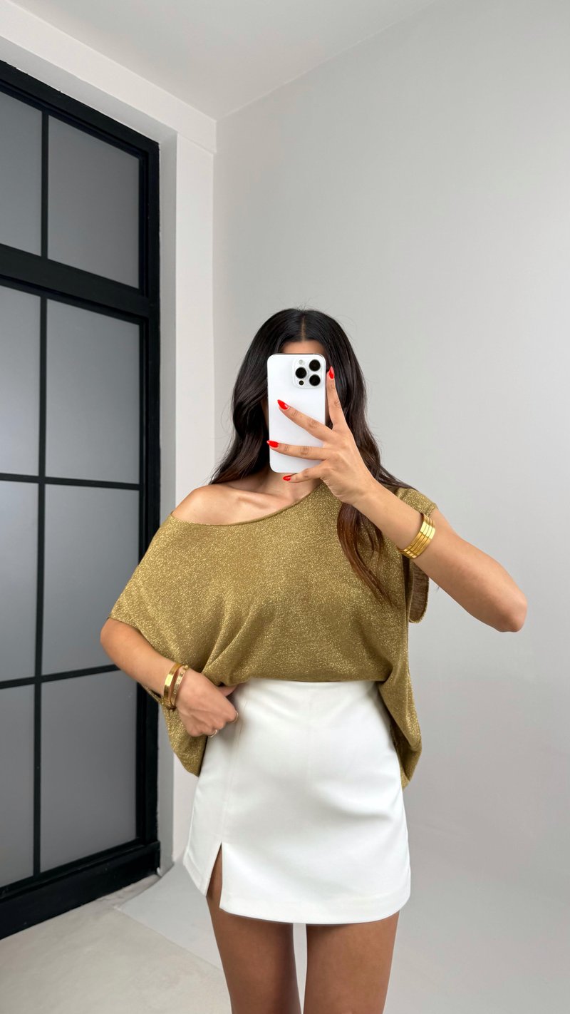 Sarı Gold Simli Triko Tek Omuz Bluz GAUS-0043