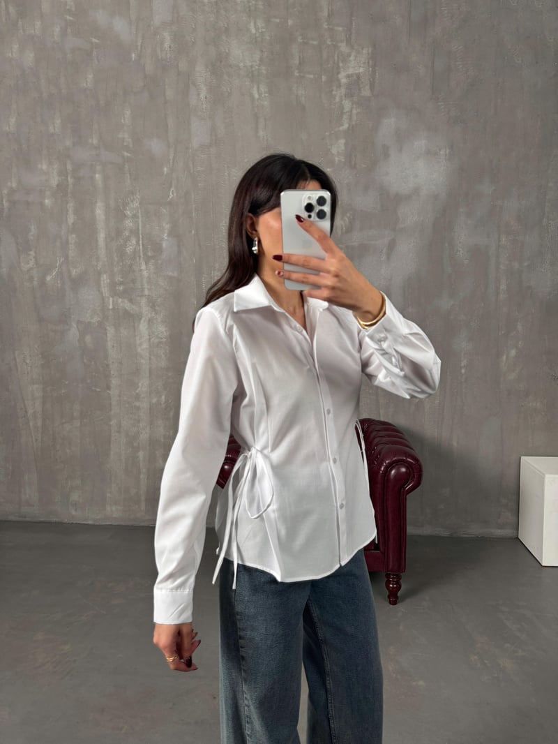 Tweed Beyaz Yandan Bağlamalı Gömlek