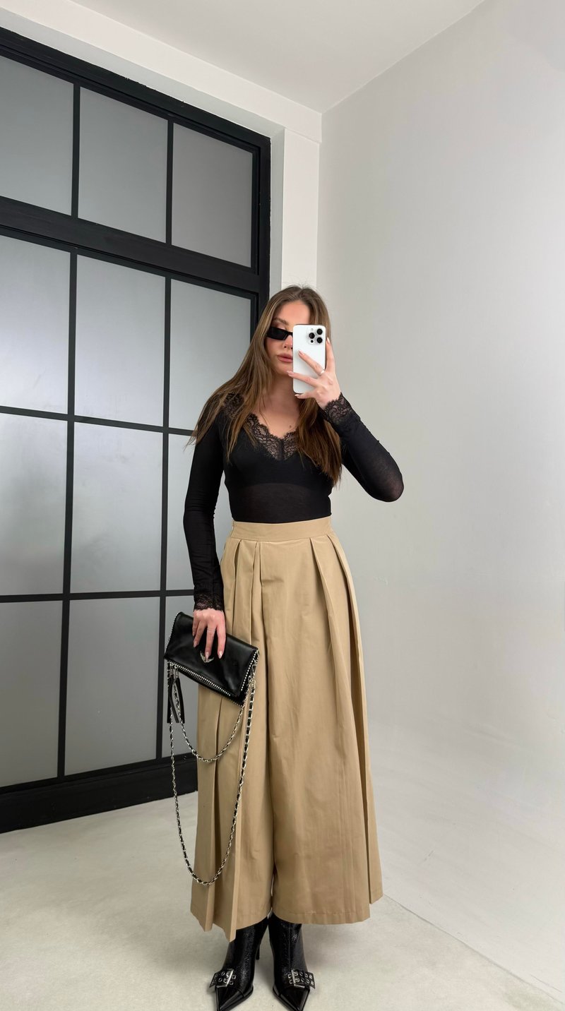 Camel Beli Lastikli Tasarım Etek Pantolon GAUS-00994