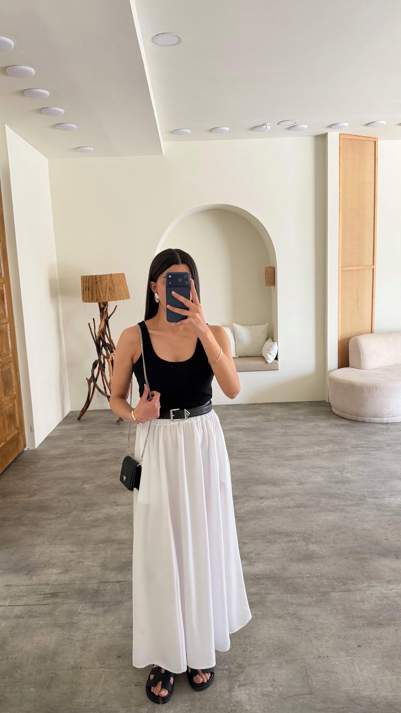 Beyaz Beli Lastikli Tencel Etek GAUS-01321