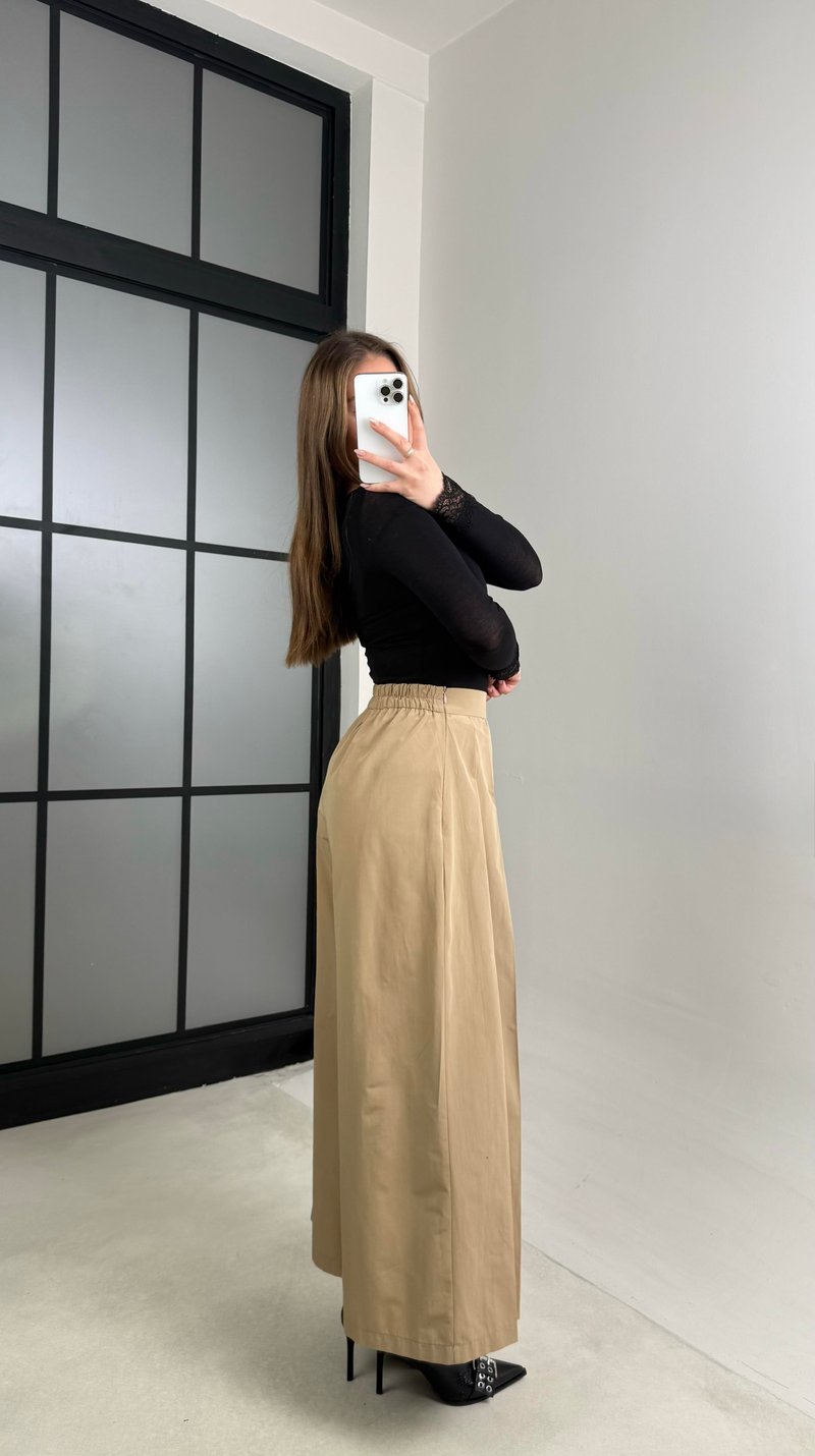 Camel Beli Lastikli Tasarım Etek Pantolon GAUS-00994