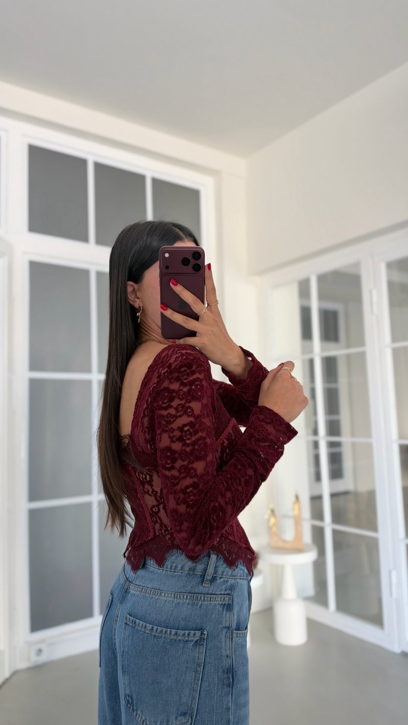 Bordo Dantel Detaylı Premium Korse Bluz GAUS-02281
