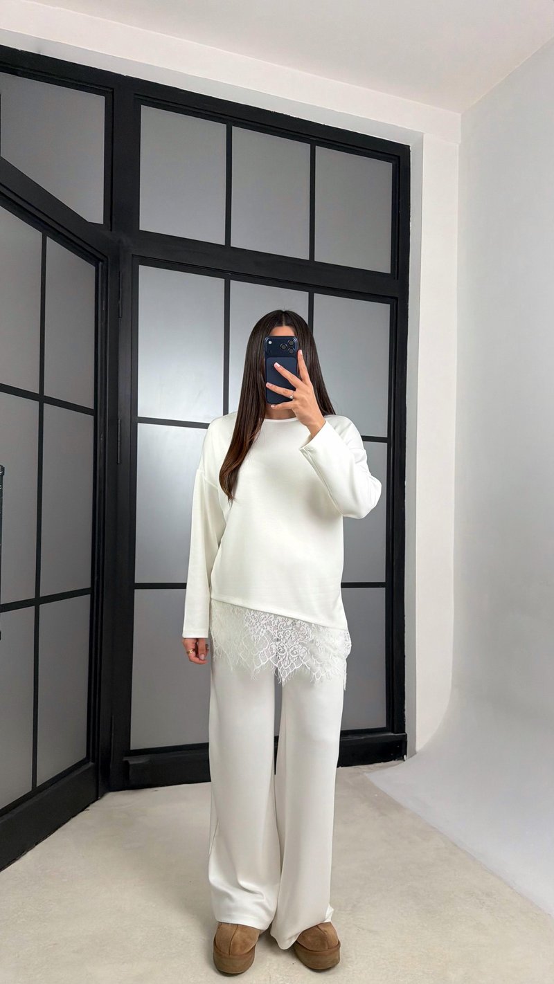 Beyaz Dantel Detaylı Beli Lastikli Modal İkili Takım GAUS-01207