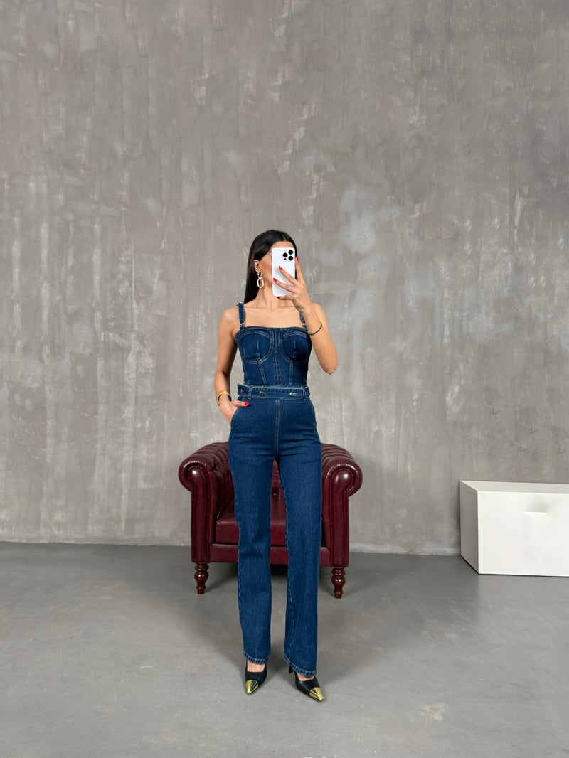 Mavi Kemer Detaylı Ayarlanabilir Askılı Fermuarlı Denim Tulum Gaus00163