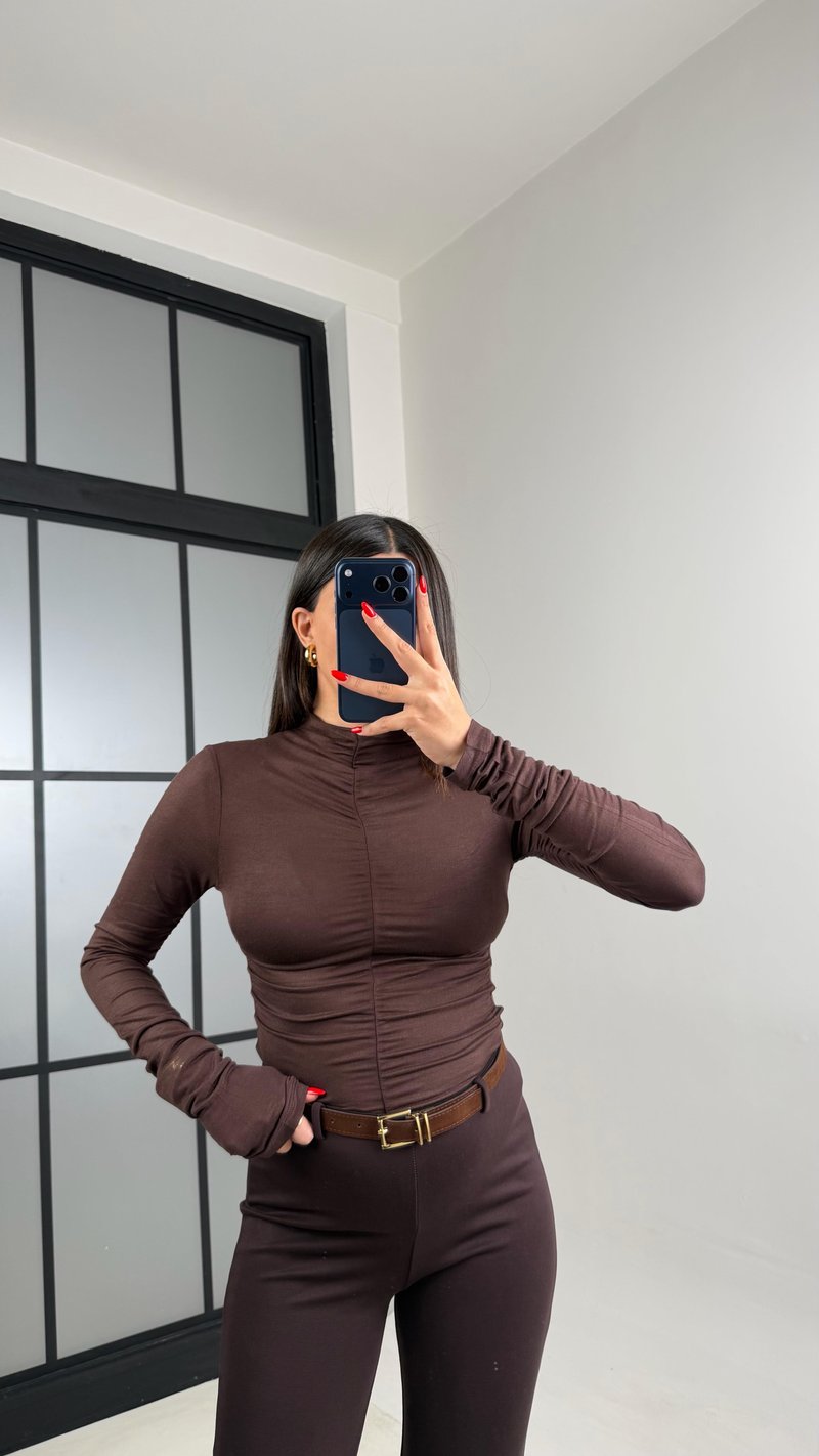 Kahve Drape Detaylı Transparan Bluz GAUS-01005