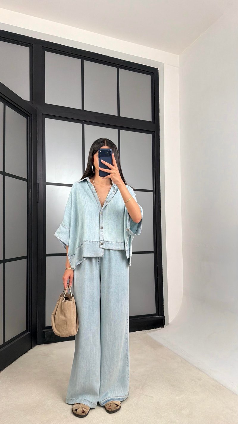 Açık Mavi Yarasa Kol Gömlek Beli Lastikli Pantolon Tencel Denim Takım GAUS-01539