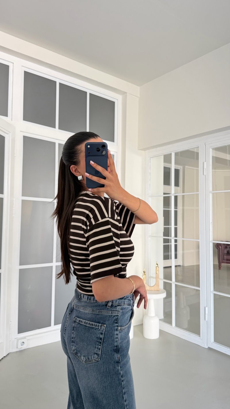 Acı Kahve Şeritli Yan Fermuarlı Bluz GAUS-01715