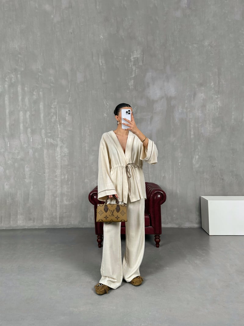 Taş Bağlamalı Keten Kimono Takım Gaus00034
