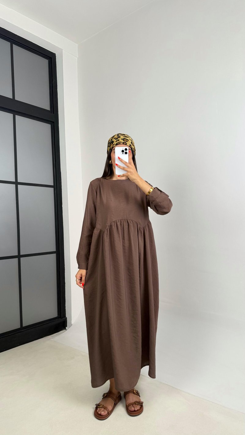 Kahve Altı Balon Uzun Kol Cep Detaylı Tencel Pinterest Elbise GAUS-0025