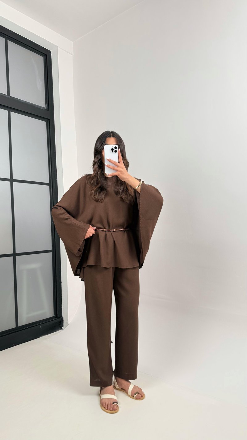 Kahve Boncuk Kuşaklı Bağlamalı Panço Üst Pantolon İkili Keten Takım Gaus00338