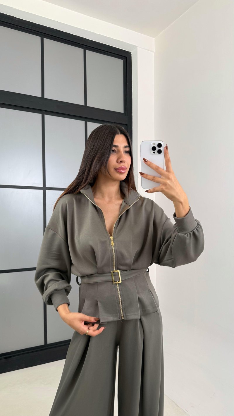 Haki Kemer Detaylı Hırka Beli Lastikli Geniş Paça Pantolon Modal Takım GAUS-00188