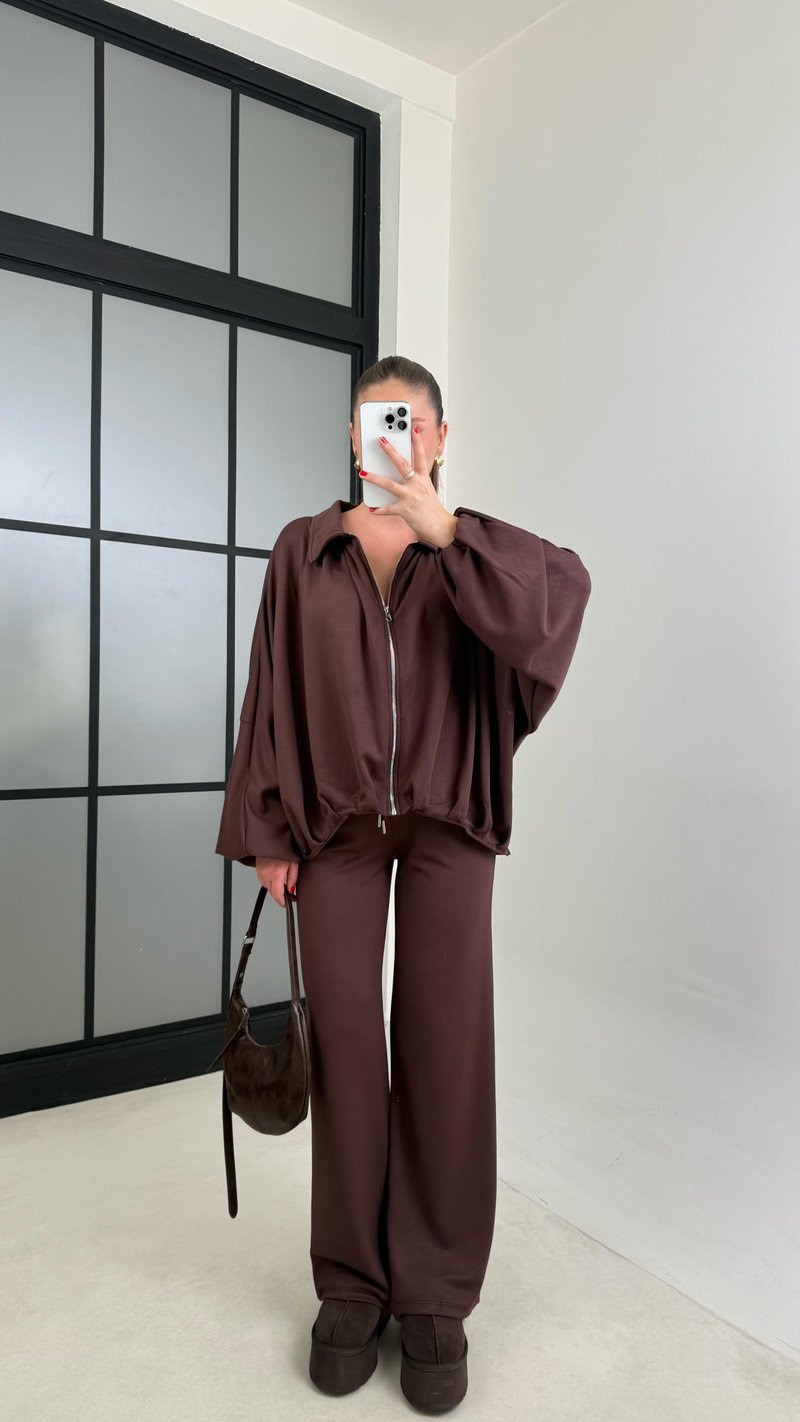 Kahve Bomber Hırka Beli Lastikli Pantolon İkili Takım GAUS-00556