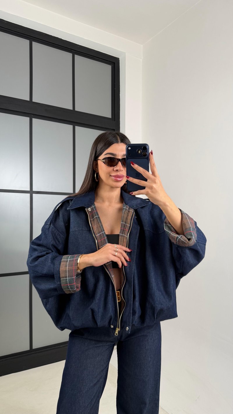 Lacivert Ekoseli Astarlı Bomber Ceket Beli Lastikli Pantolon Denim Takım GAUS-00687