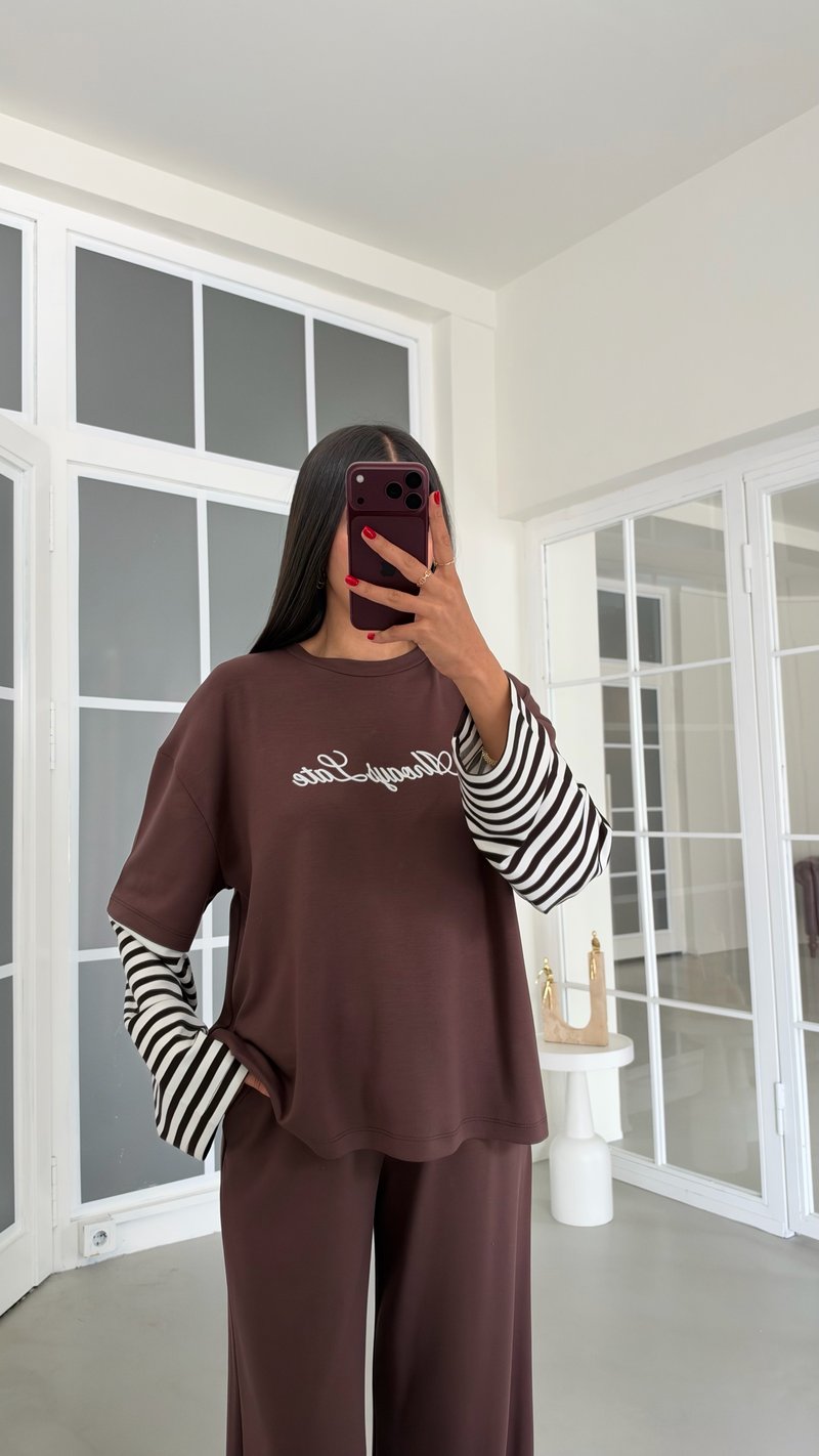 Kahve Kolu Şeritli Tshirt Beli Lastikli Pantolon İkili Modal Takım GAUS-02227