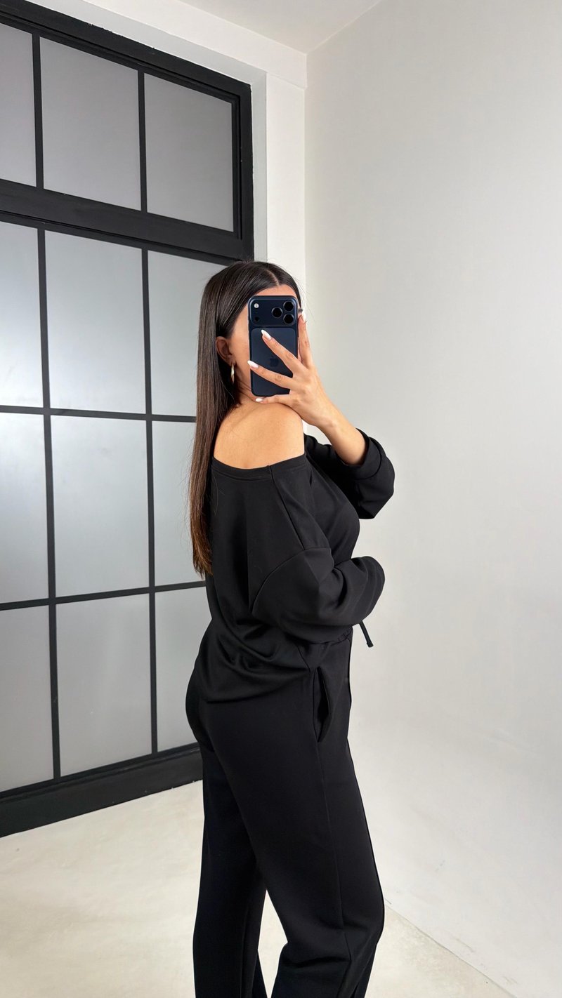 Siyah Asimetrik Yaka Beli Lastikli Çımalı Pantolon Modal Kumaş Takım GAUS-00629