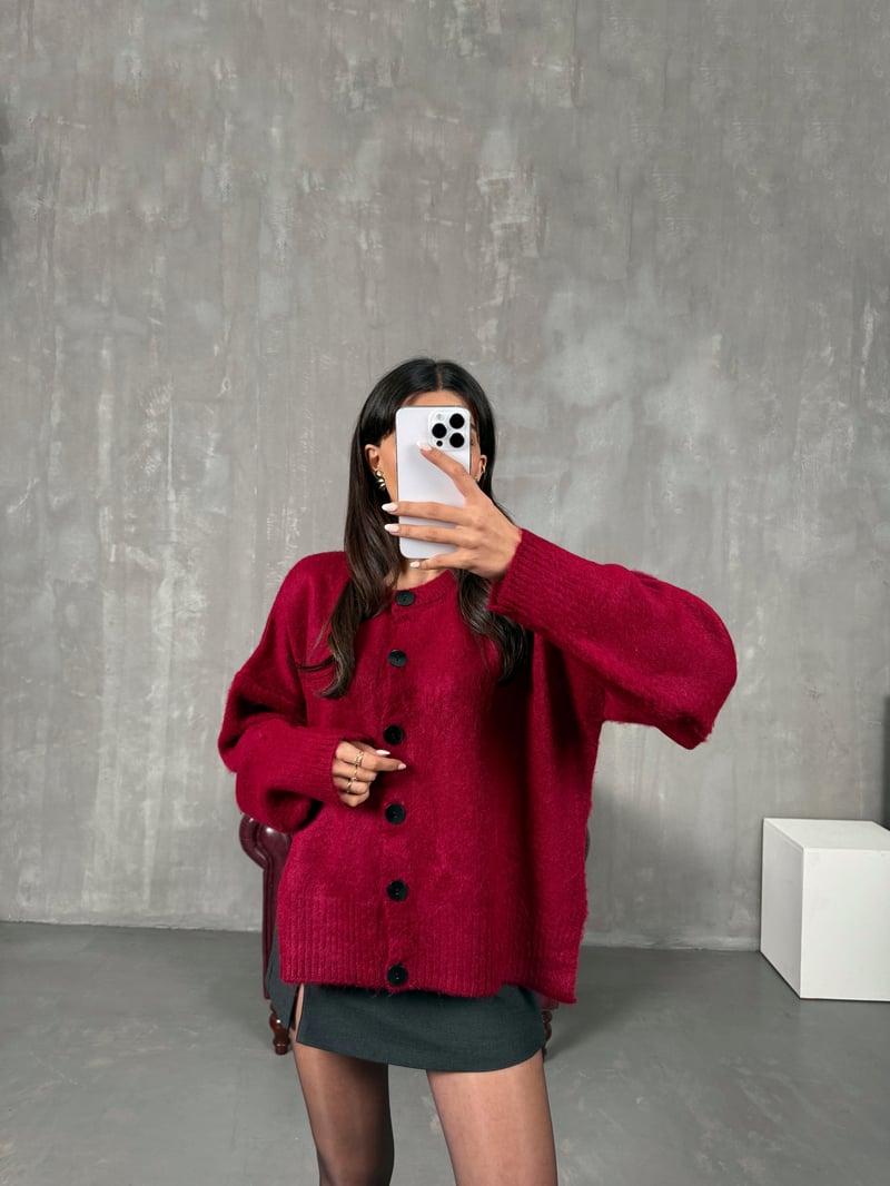 Belovi Bordo ZR Model Yandan Yırtmaç Detaylı Düğmeli Hırka