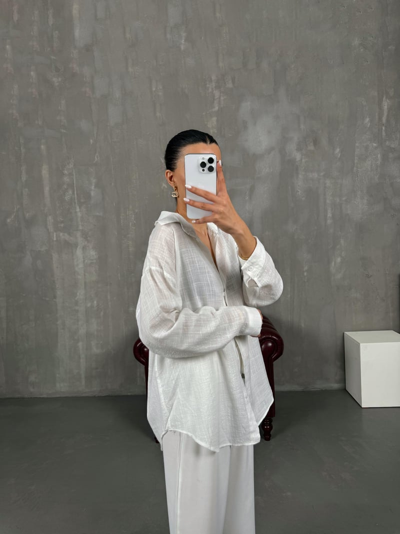 Beyaz Keten Karışımlı Kareli Gömlek Gaus00025
