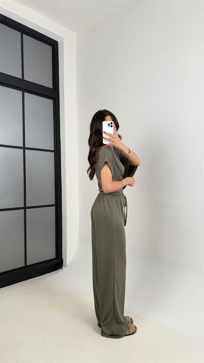 Haki Yarasa Kol Bluz Beli Lastikli Pantolon Tasarım Modal Kumaş Takım GAUS-01251
