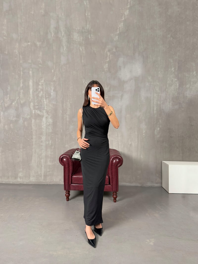 Helena Siyah ZR Model Drapeli Astarlı Elbise