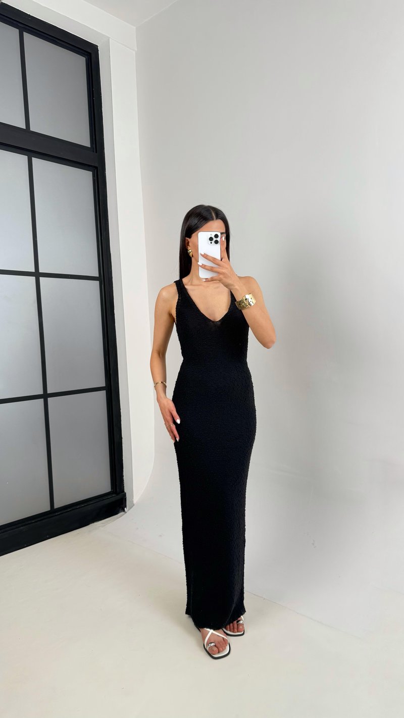 Siyah V Yaka Askılı Triko Elbise Gaus00412