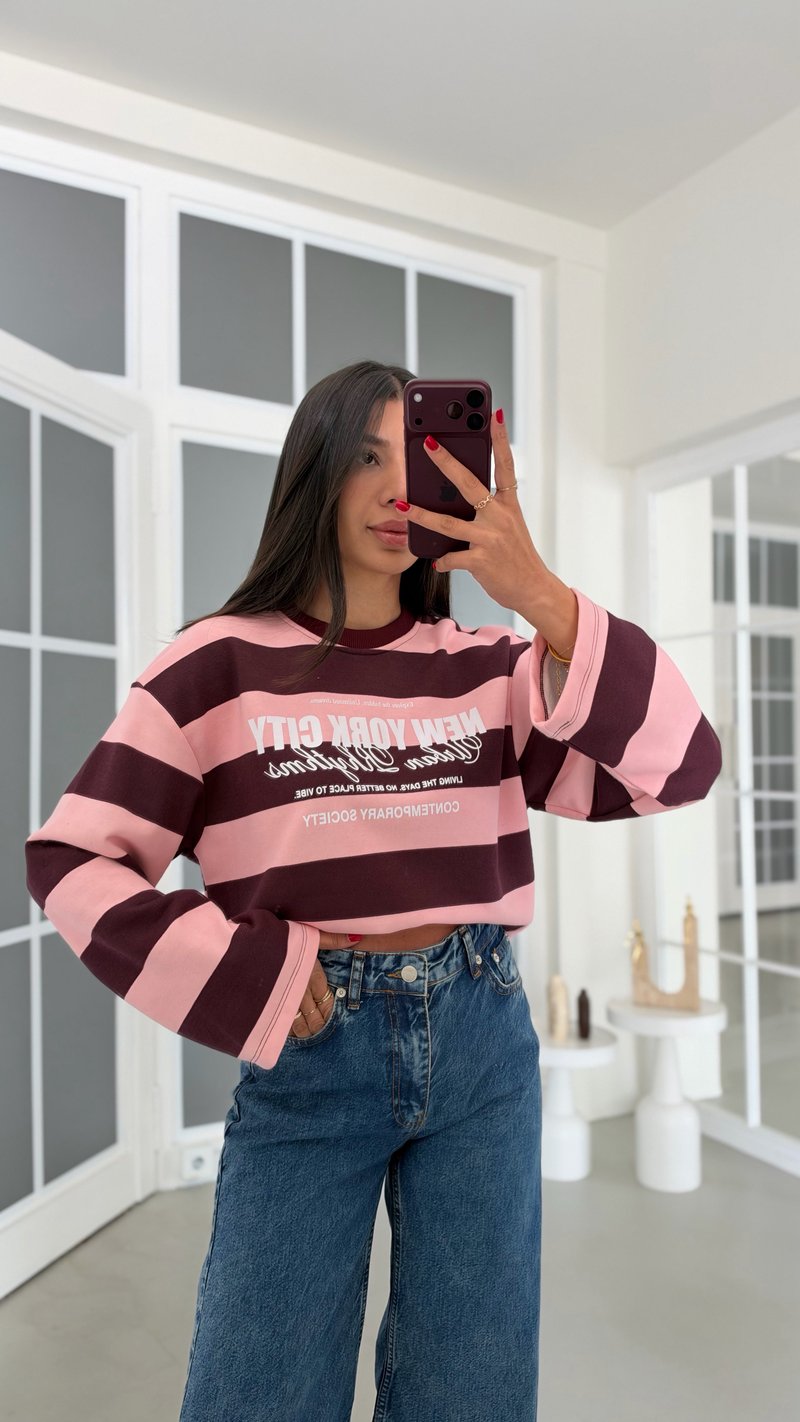 Pembe Şeritli Baskılı Sweatshirt GAUS-02121 GAUS-02311