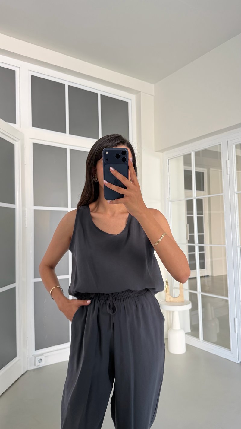 Antrasit Bluz Beli Lastikli Pantolon İkili Tencel Takım GAUS-01769