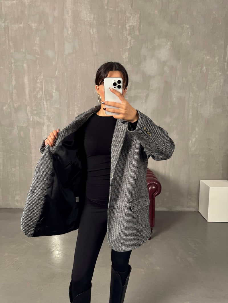 Dany Gri Çizgili Astarlı Kaşe Blazer Ceket
