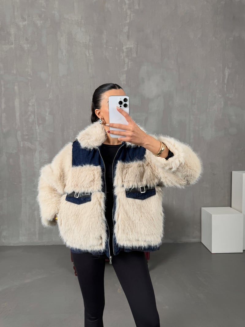 Monty Taş Peluş Kürk Denim Karışımlı Tasarım Ceket