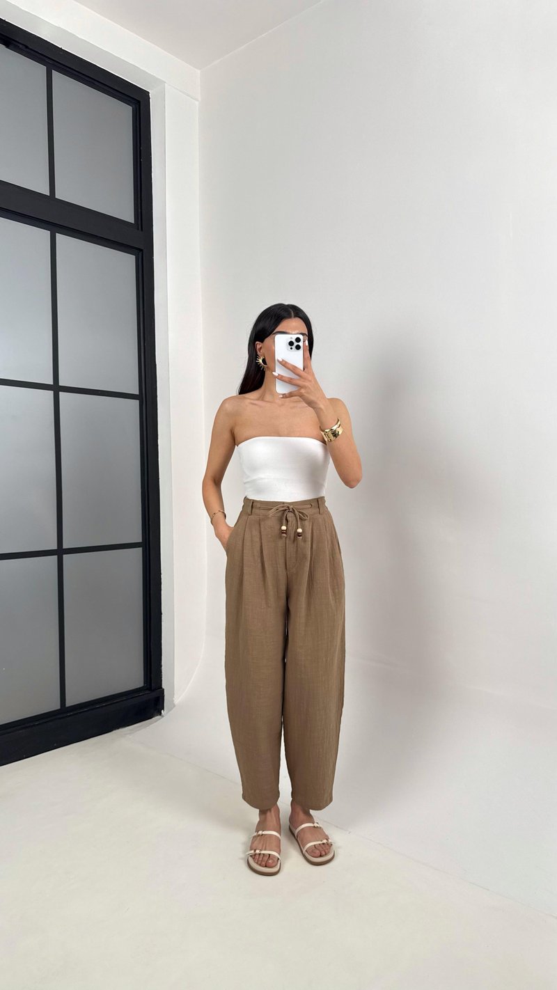 Kahve Cepli Kuşaklı Balon Keten Pantolon Gaus00383