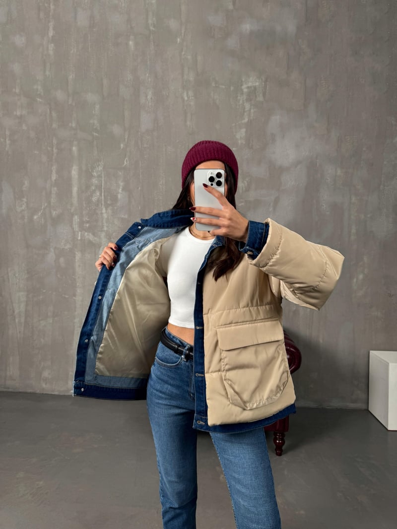 Jovi Taş Denim Detaylı Astarlı Tasarım Şişme Mont