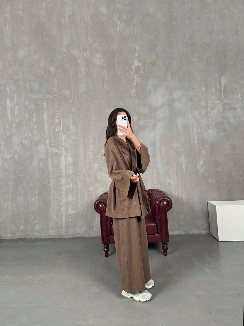 Sansa Kahve Kuşaklı Keten Kimono Takım