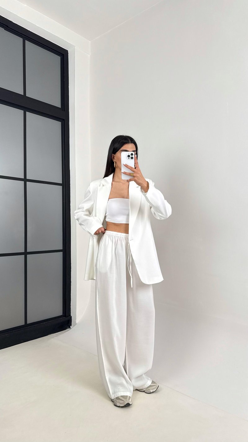 Beyaz Astarlı Blazer Ceket Beli Lastikli Pantolon Tensel Takım Gaus00444