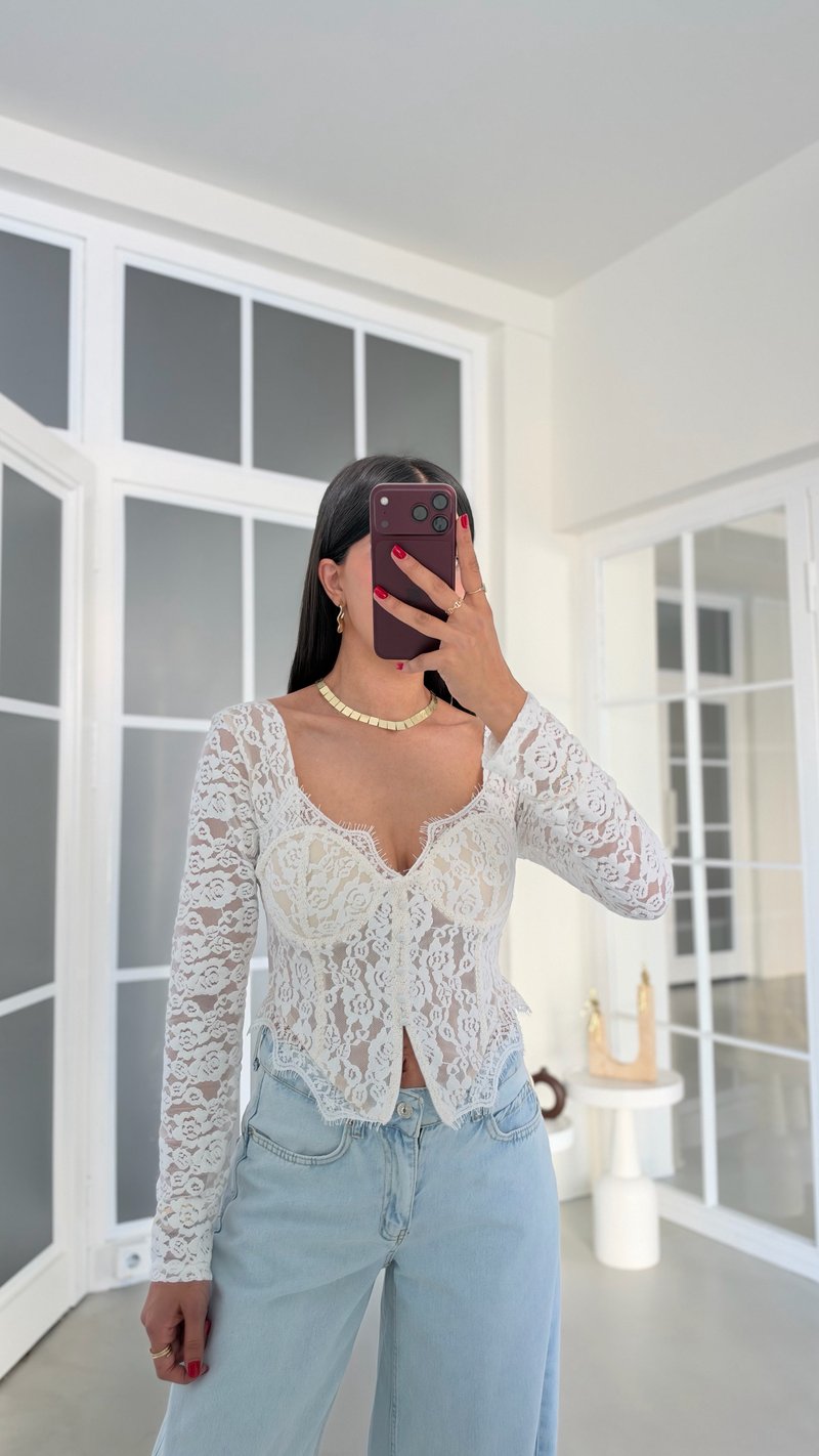Ekru Dantel Detaylı Premium Korse Bluz GAUS-02281