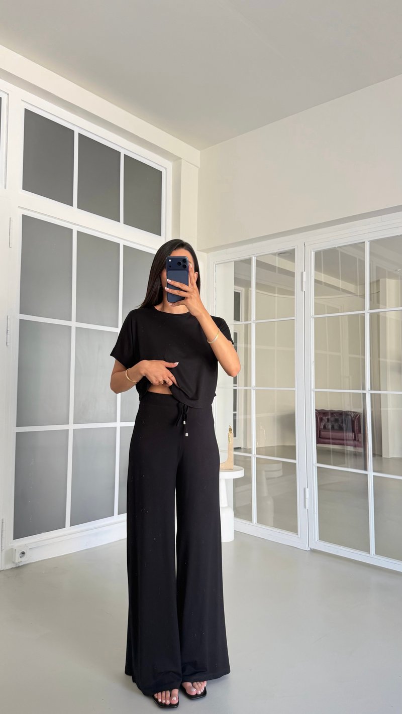 Siyah Bluz Beli Lastikli Pantolon İkili Basic Takım GAUS-01712