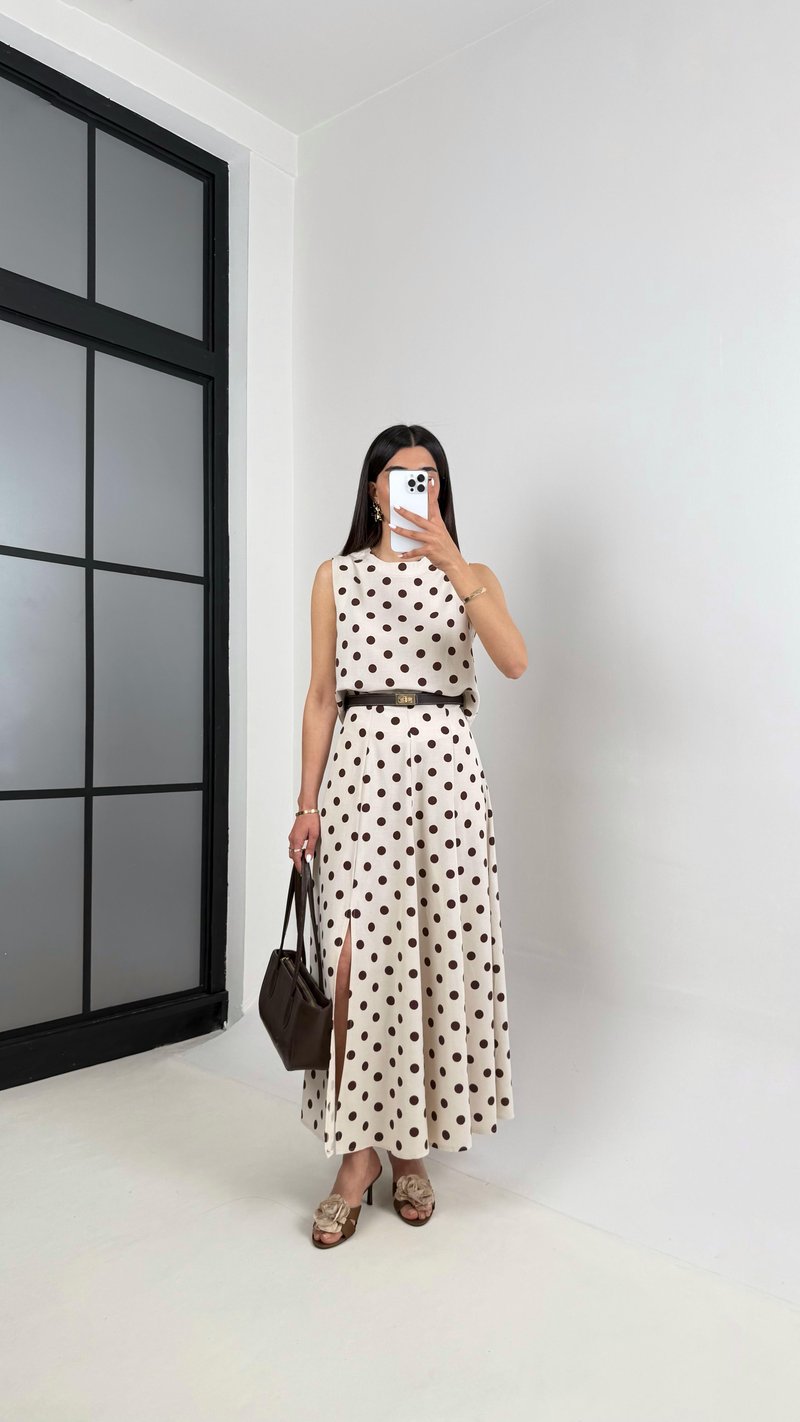 Taş Kahve Puantiyeli Crop Yırtmaçlı Etek Keten Takım Gaus00401
