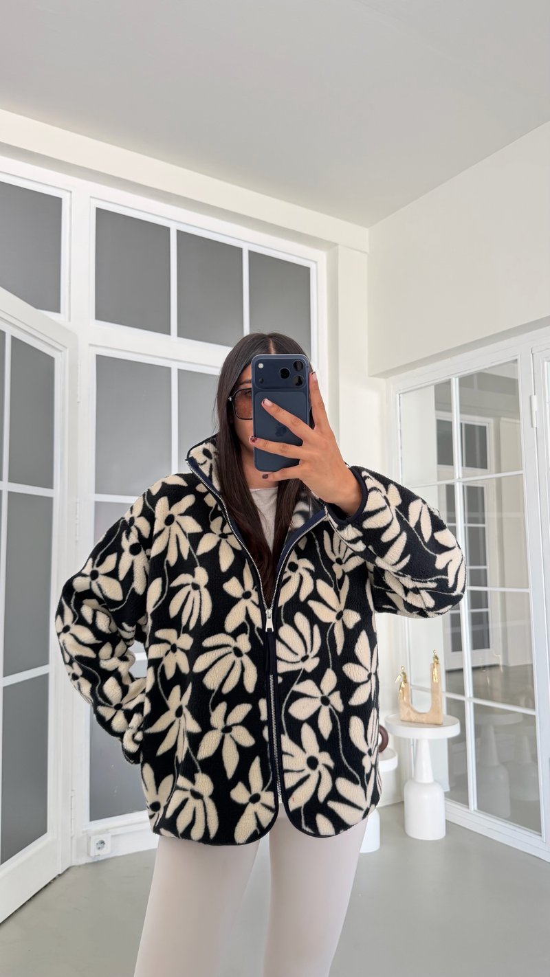 Lacivert Çiçek Desenli Fermuarlı Polar Sweatshirt GAUS-01915