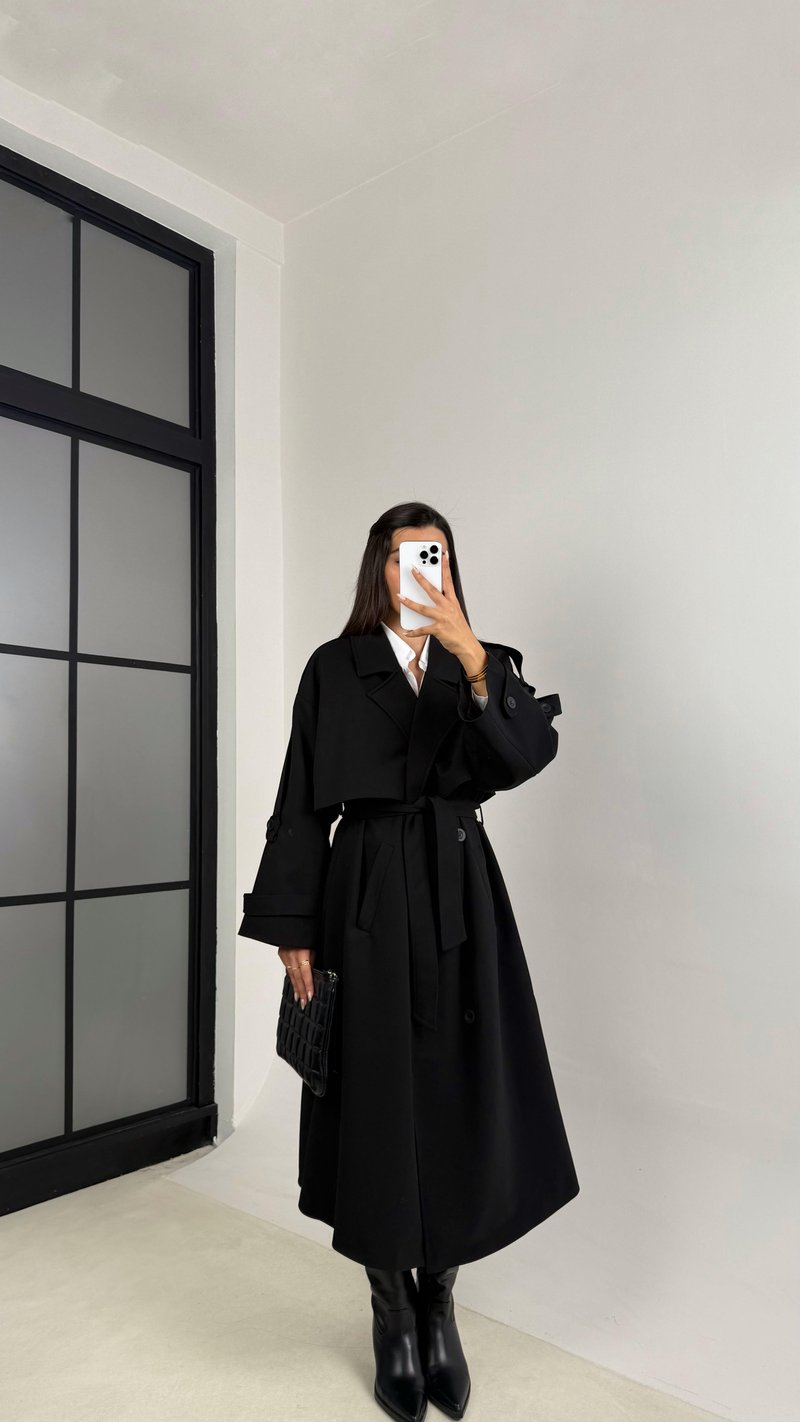 Siyah Kuşaklı Astarlı Cepli Premium Uzun Trençkot GAUS-00119