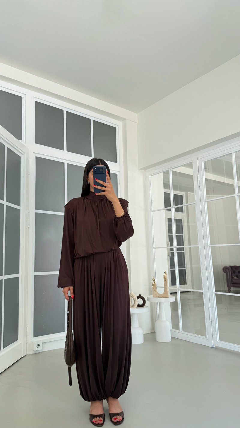 Kahve Vatkalı Bluz Beli Lastikli Cepli Şalvar Pantolon İkili Modal Takım GAUS-01868