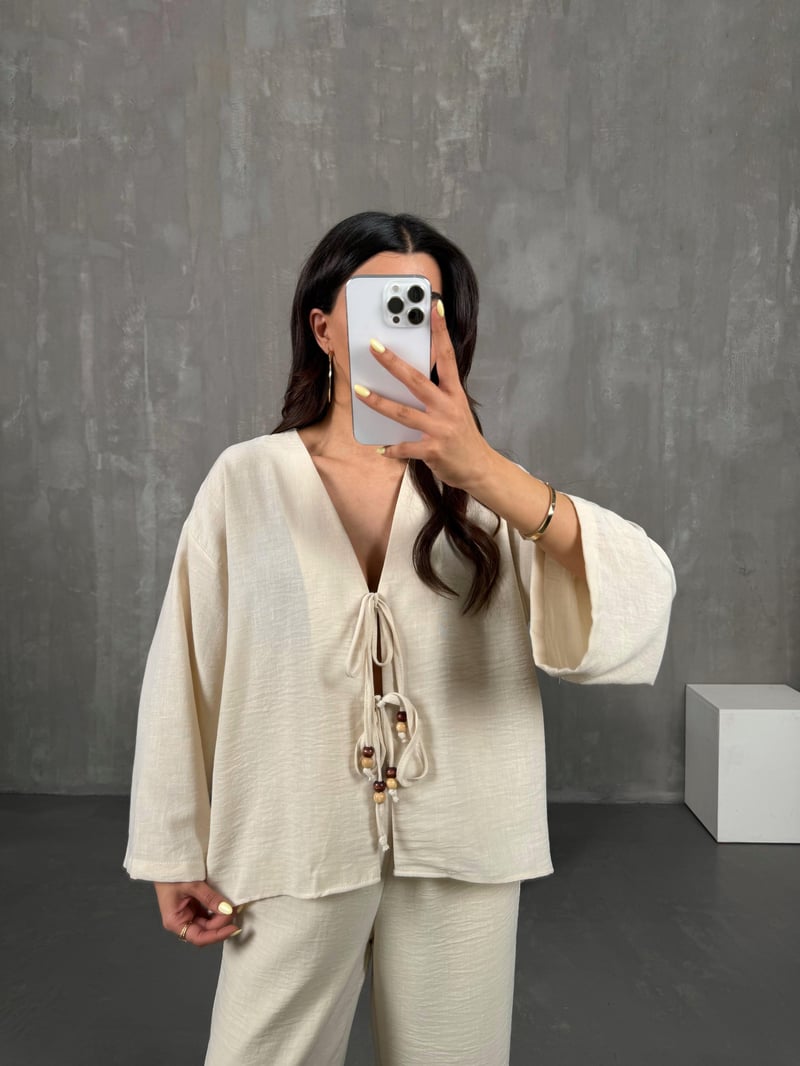 Taş Önden Bağlamalı Keten Kimono Takım Gaus00101