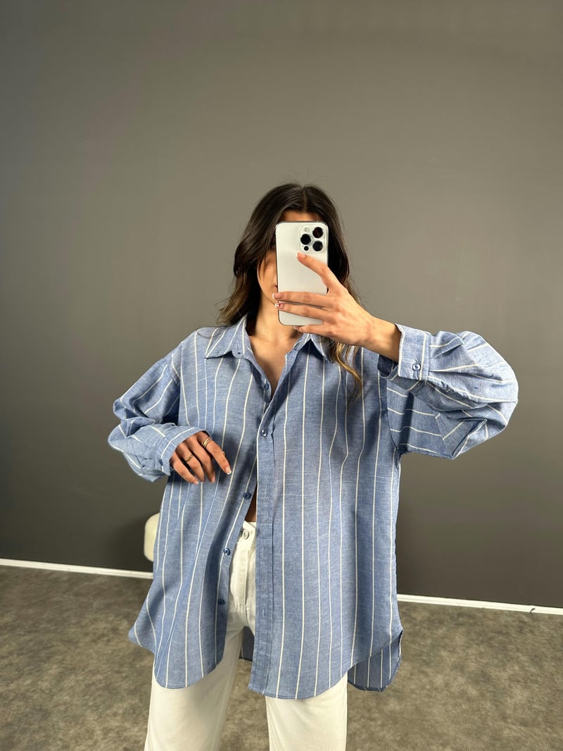 Mavi Çizgili Oversize Keten Gömlek 