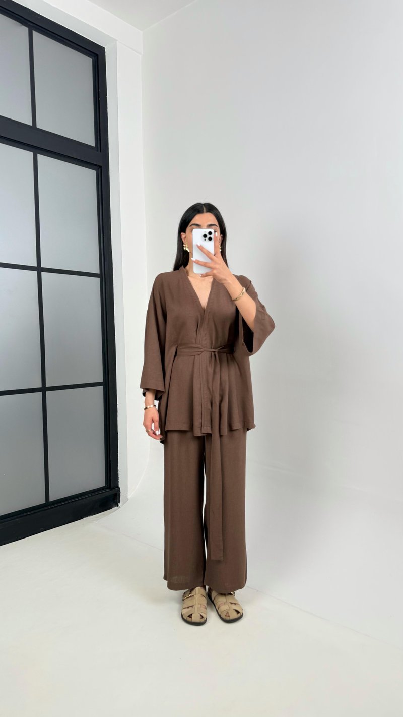 Kahve Kuşaklı Kimono Beli Lastikli Cepli Pantolon Keten Takım Gaus00397