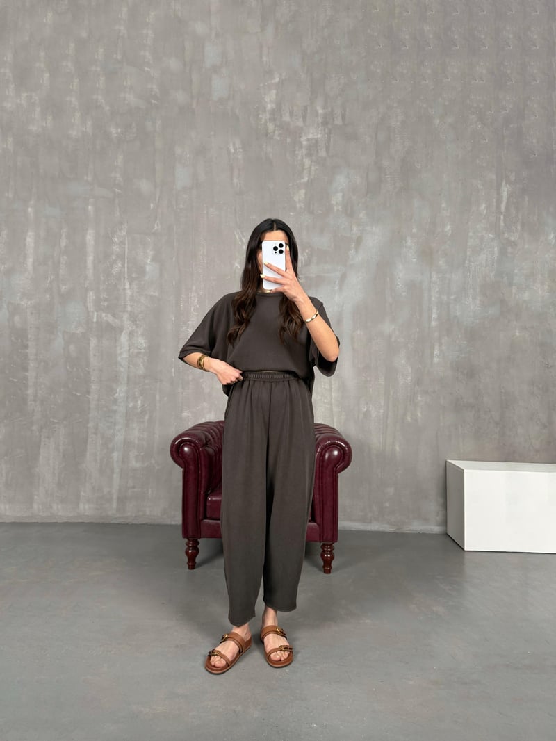 Acı Kahve Bisiklet Yaka Tshirt Pantolon Basic Yıkamalı Modal Takım Gaus00143