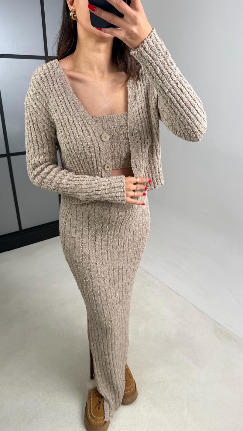 Vizon Hırka Crop Beli Lastikli Yırtmaç Detaylı Etek Triko Takım GAUS-00969