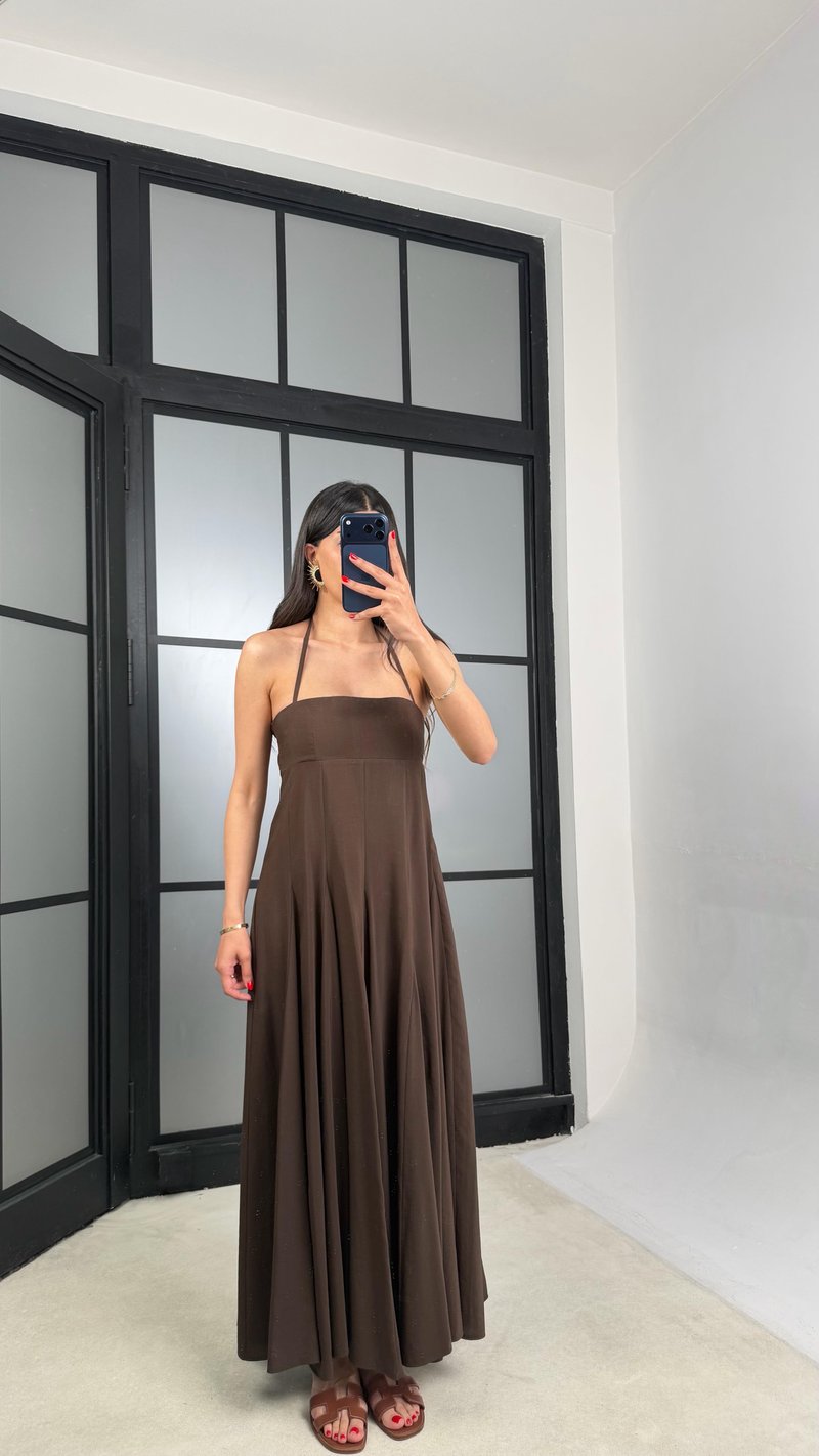 Acı Kahve Boyundan Bağlamalı Tencel Elbise GAUS-01516