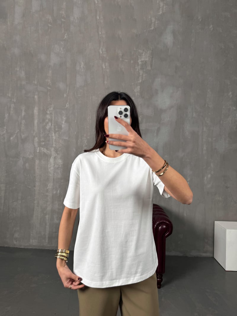 Tifi Beyaz Bisiklet Yaka Basic Tshirt