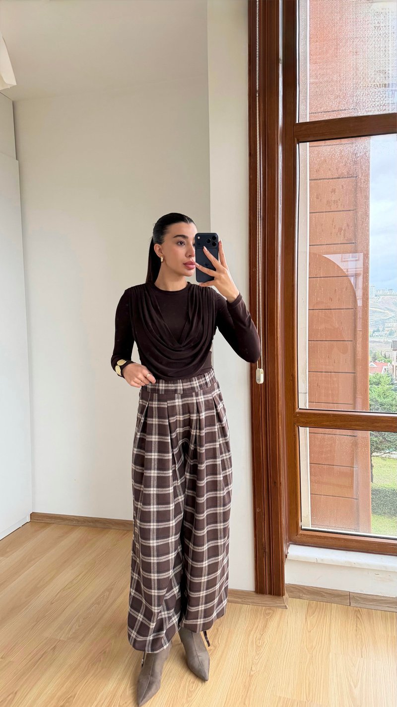 Kahve Beli Lastikli Muadil Ekose Pantolon GAUS-00840