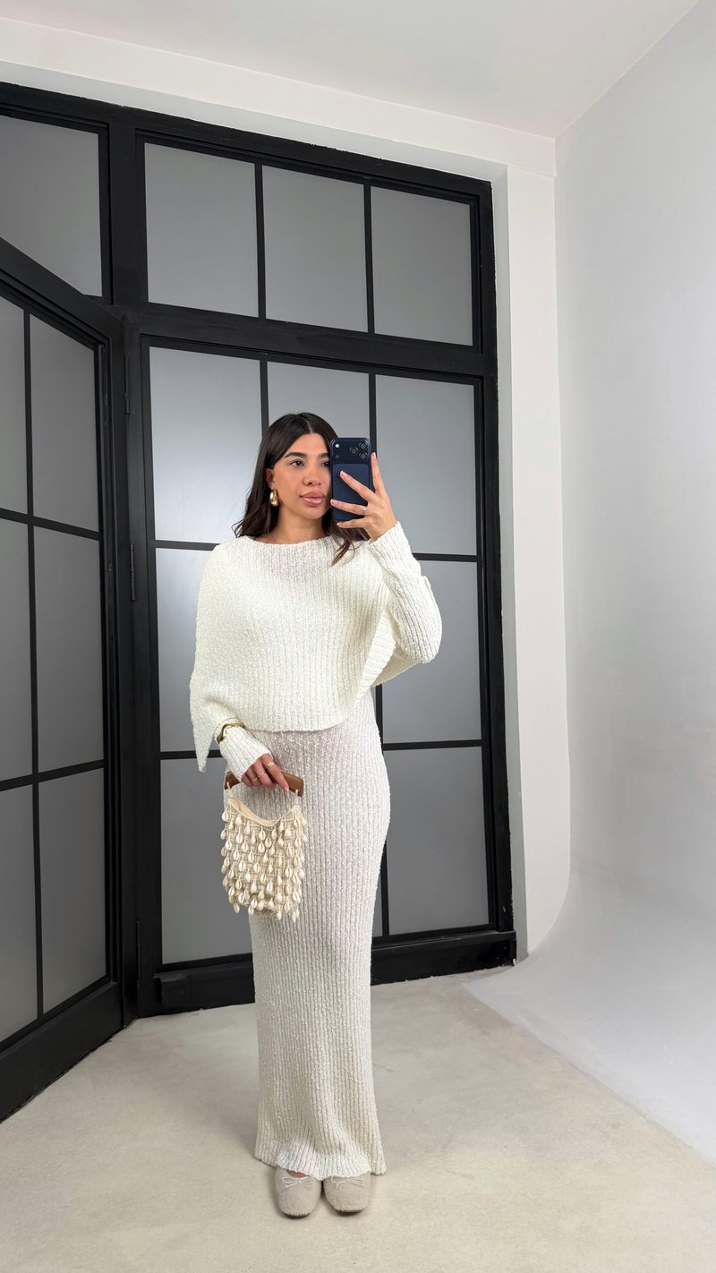 Ekru Elbise Pelerin Triko İkili Takım GAUS-01194