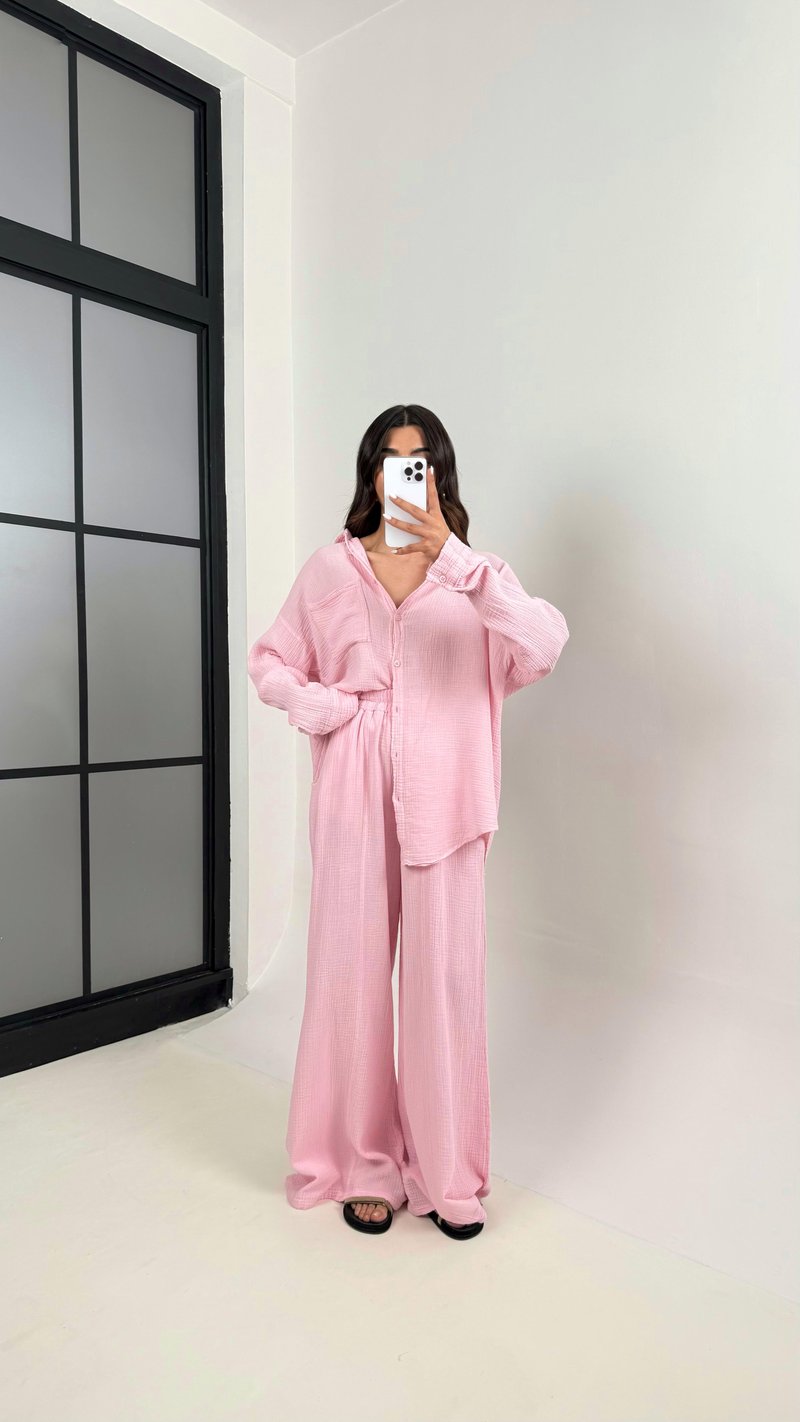 Pembe Önü Düğmeli Cepli Gömlek Beli Lastikli Pantolon Müslin Takım MSLN01 Gaus00385